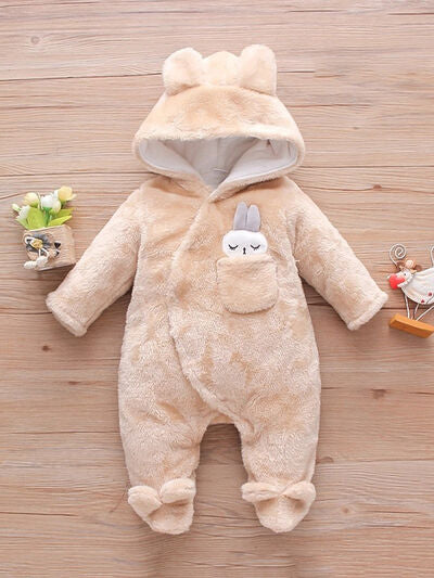 PREORDER- Baby Rabbit Decor Long Sleeve Hooded Snapped Jumpsuit